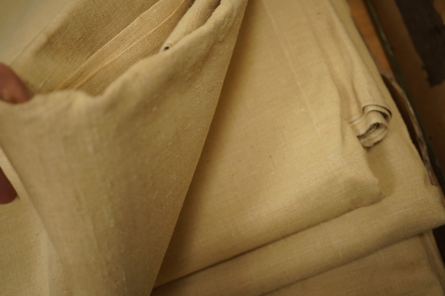 Five lengths of late 19th century / early 20th century French provincial linen approx. 110cm x 640cm. Condition - fair/good